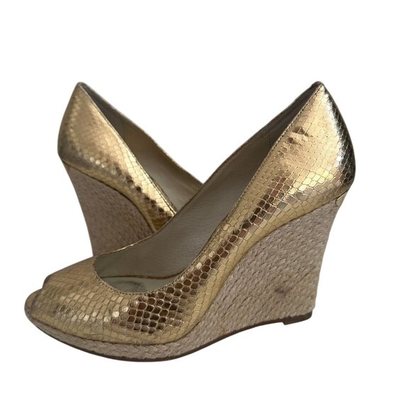 MICHAEL KORS Snake Embossed Gold Leather Espadrilles Wedges Size 7.5 - Picture 3 of 11